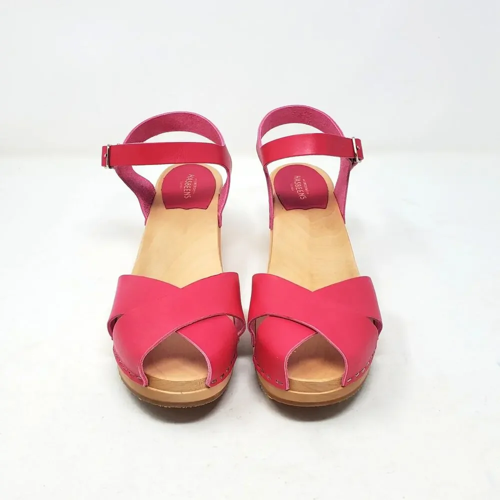 Swedish Hasbeens Mirja Heeled Clog Sandals Strappy Peep Toe Cherry Pink 41 US 11 - Picture 6 of 9